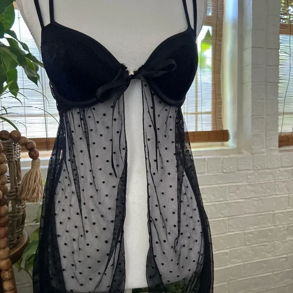 vintage 90s black sheer polka dot lingerie babydoll dress size small - Picture 2 of 4